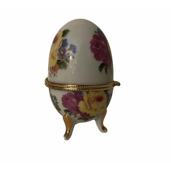 Vintage Porcelain Egg Hinged Trinket Box Yellow Rose Footed Gold Accents 3.5" - Picture 4 of 10